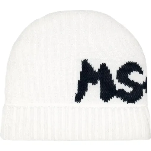 Cremefarbener Wollberet mit kontrastierender Logo-Stickerei - MSGM - Modalova