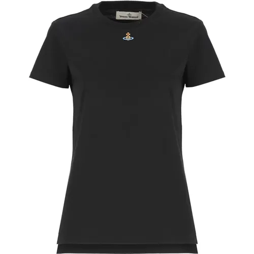 Schwarzes Baumwoll-T-Shirt mit Orb-Stickerei , Damen, Größe: L - Vivienne Westwood - Modalova