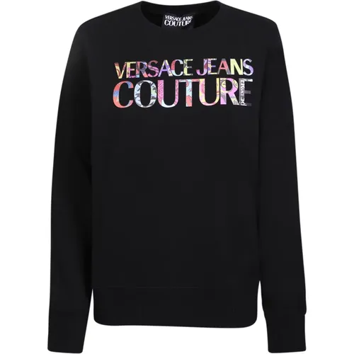 Schwarzer Sweatshirt mit geprägtem Logo , Damen, Größe: M - Versace Jeans Couture - Modalova