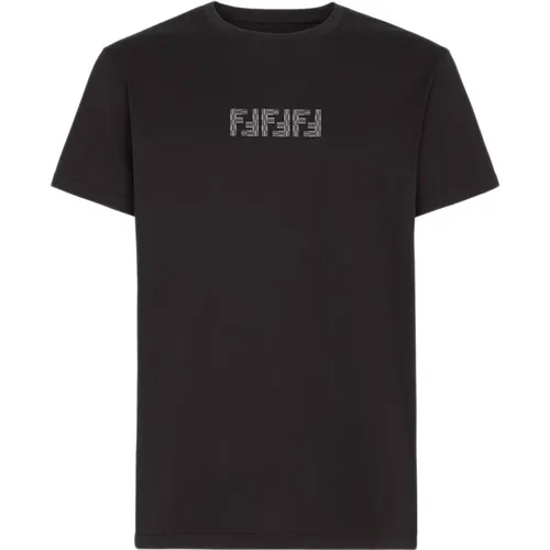 Besticktes Crew-neck T-shirt Schwarz , Herren, Größe: L - Fendi - Modalova