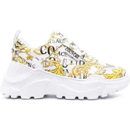 White Leather Baroque Print Sneakers - Women`s Size 38 , female, Sizes: 6 UK, 3 UK - Versace Jeans Couture - Modalova