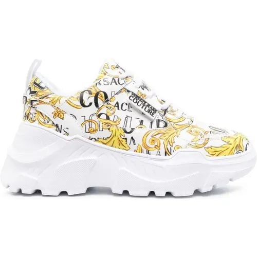 White Leather Baroque Print Sneakers - Women`s Size 38 , female, Sizes: 6 UK, 4 UK - Versace Jeans Couture - Modalova