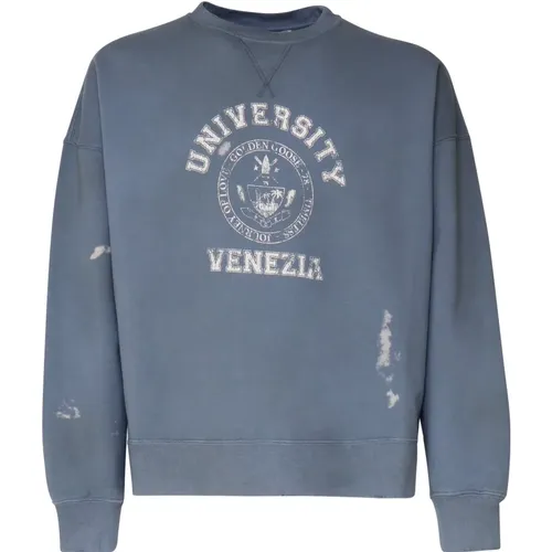 Blaues Baumwoll-Sweatshirt mit gerippten Bündchen , Herren, Größe: XL - Golden Goose - Modalova