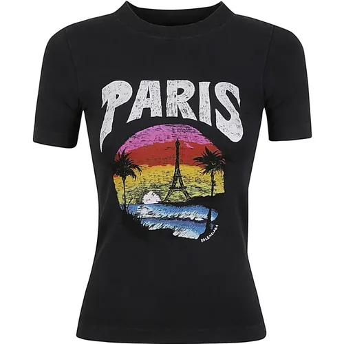 Schwarzes Paris Tropical T-Shirt , Damen, Größe: M - Balenciaga - Modalova