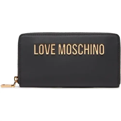 Schwarze Geldbörsen für Frauen,Schwarze Geldbörse mit goldener Reißverschluss,Damen Geldbörse aus Kunstleder mit Reißverschluss und Metall-Logo - Love Moschino - Modalova