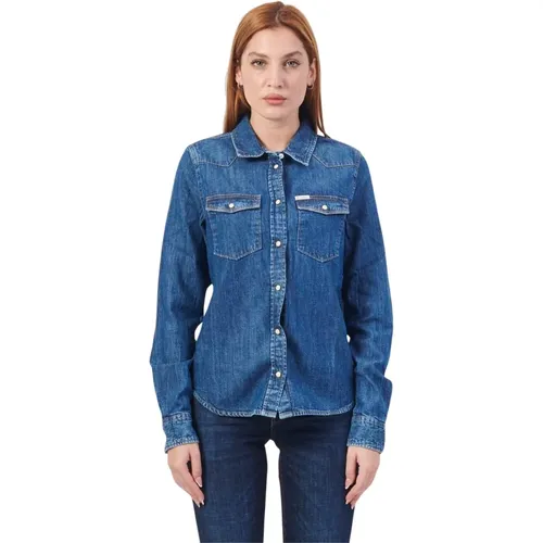 Blaue Denim Slim Fit Hemd , Damen, Größe: M - Guess - Modalova