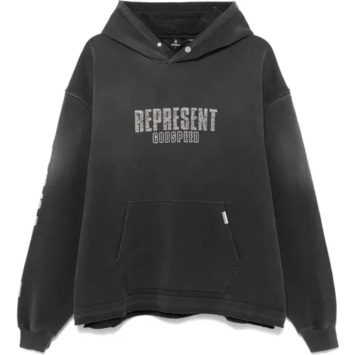 Schwarzer Hoodie mit Distressed-Effekt,Druckknopf Gemustertes Logo Tasche Hoodie - REPRESENT - Modalova