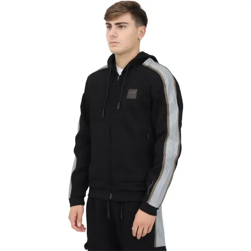 Schwarzer Zip-Sweater mit Sportlichen Details , Herren, Größe: M - Emporio Armani EA7 - Modalova