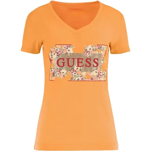 Blumenprint T-Shirt - V-Ausschnitt, kurze Ärmel , Damen, Größe: M - Guess - Modalova