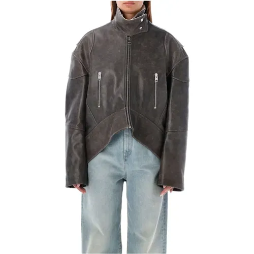 Dunkelbraune Lederjacke mit geschwungenem Saum - JW Anderson - Modalova