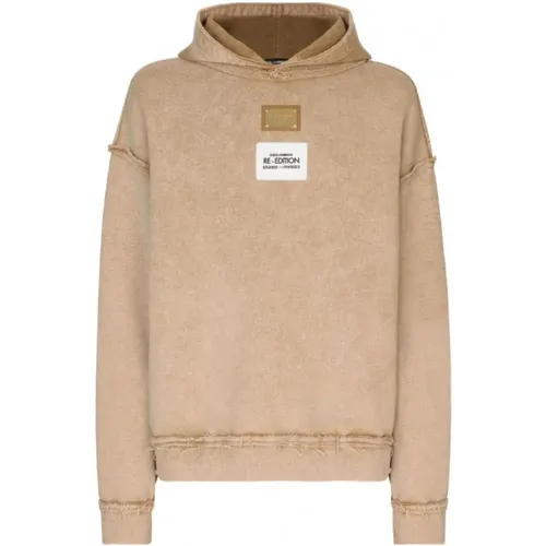 Sand Hooded Sweatshirt with Logo Patch , male, Sizes: M - Dolce & Gabbana - Modalova