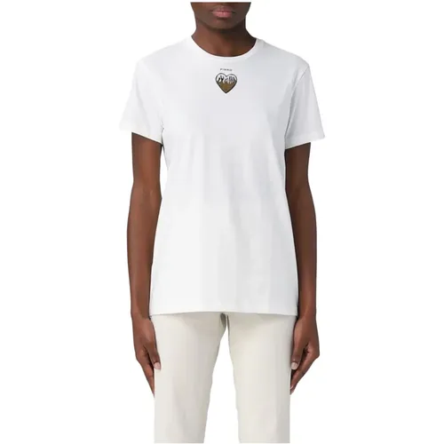 Stylish Cotton T-Shirt with Embroidered Heart , female, Sizes: XL, XS - pinko - Modalova