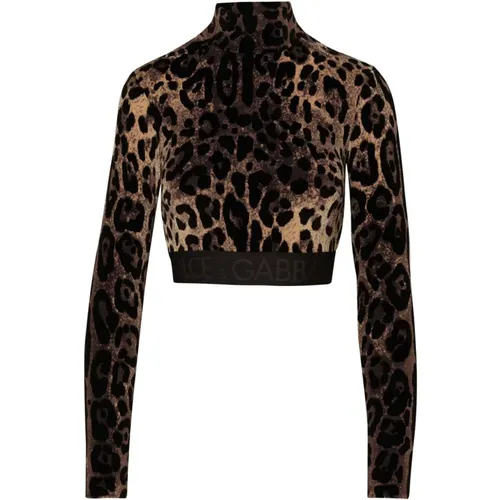 Animal Print Crop T-Shirt , Damen, Größe: 3XS - Dolce & Gabbana - Modalova