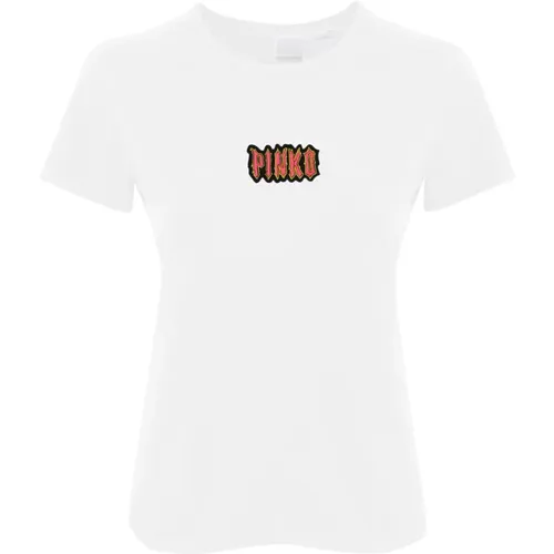 Baumwoll-T-Shirt mit Logo-Stickerei , Damen, Größe: XS - pinko - Modalova