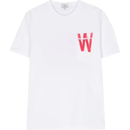 Weißes Rundhals T-Shirt mit Tasche , Herren, Größe: S - Woolrich - Modalova