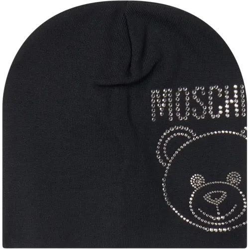 Black Wool Hat with Rhinestone Logo , female, Sizes: ONE SIZE - Moschino - Modalova
