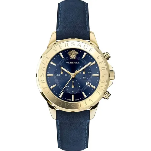 Chrono Signature Blau Leder Gold Stahl Uhr , Herren, Größe: ONE Size - Versace - Modalova