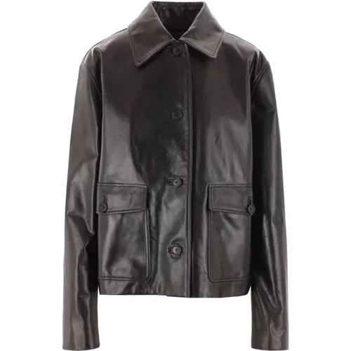 Dark Brown Leather Jacket with Anagram Patch , female, Sizes: S - Loewe - Modalova