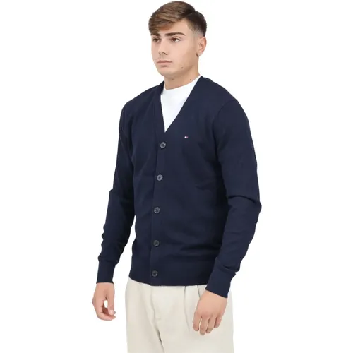 Blauer Kurzer Cardigan mit Flaggenstickerei , Herren, Größe: L - Tommy Hilfiger - Modalova