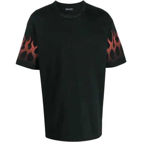 Flammenmuster Schwarzes T-Shirt , Herren, Größe: M - Vision OF Super - Modalova