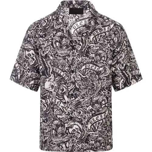 Tattoo Pattern Silk Bowling Shirt , male, Sizes: L, M - Philipp Plein - Modalova