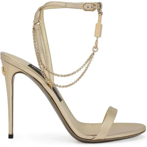 Golden Laminate Leather Sandals with Chain and Lock , female, Sizes: 4 UK, 4 1/2 UK - Dolce & Gabbana - Modalova