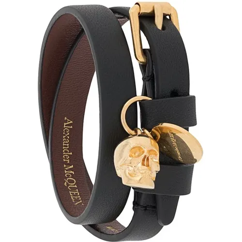 Leather Double-Wrapped Bracelet with Skull Charm , female, Sizes: ONE SIZE - alexander mcqueen - Modalova