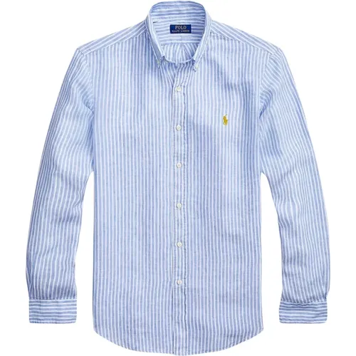 Blaues Gestreiftes Leinen Custom Fit Hemd , Herren, Größe: M - Ralph Lauren - Modalova