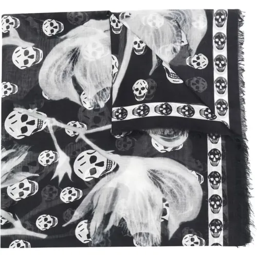 Schwarzer Schal mit Totenkopf-Print , Damen, Größe: ONE Size - alexander mcqueen - Modalova