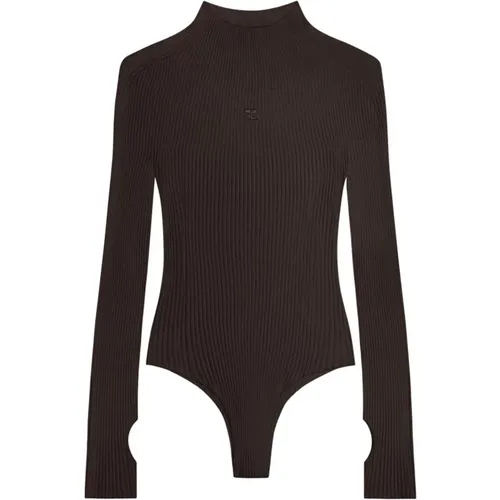 Brauner Gerippter Bodysuit mit Hohem Kragen , Damen, Größe: M - Courrèges - Modalova