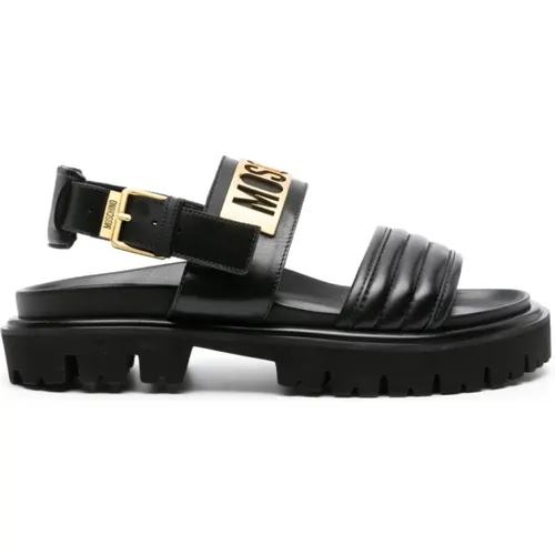 Schwarze gesteppte Sandalen mit goldenem Logo - Moschino - Modalova