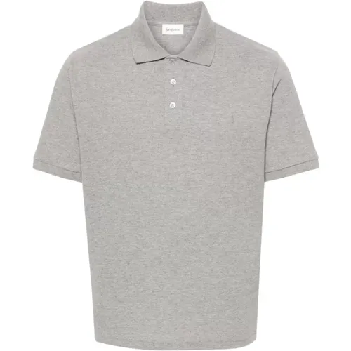 Grey Cotton Blend Piqué Polo Shirt , male, Sizes: XL, L, M, S - Saint Laurent - Modalova