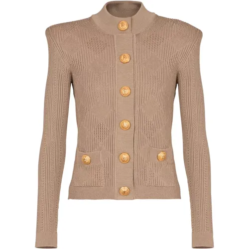 Karierte Strickjacke mit Lochmuster - Balmain - Modalova