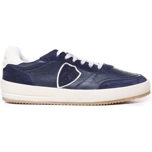 Blaue Ledersneakers mit Silber-Logo , Herren, Größe: 43 EU - Philippe Model - Modalova