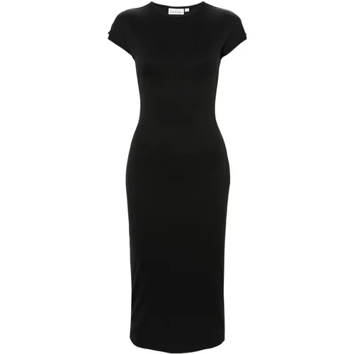 Schwarzes Geripptes Kleid mit Ausschnitten - Calvin Klein - Modalova