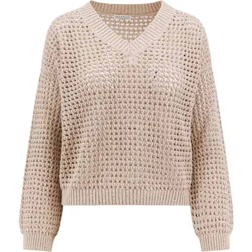 Perforated Cotton Sweater with Sequin Embroidery , female, Sizes: L - BRUNELLO CUCINELLI - Modalova