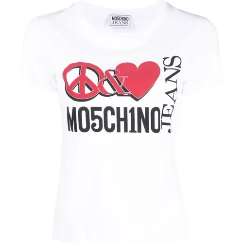 Logo-print cotton T-shirt with heart print , female, Sizes: S, M, L - Moschino - Modalova