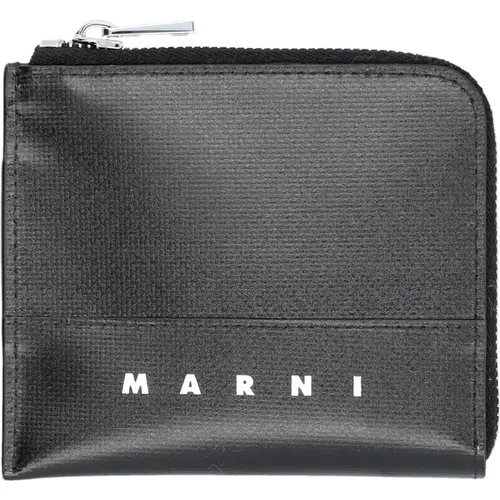 Schwarze Reißverschluss-Geldbörse mit Logo-Druck,Schwarze Polyester-Brieftasche - Marni - Modalova