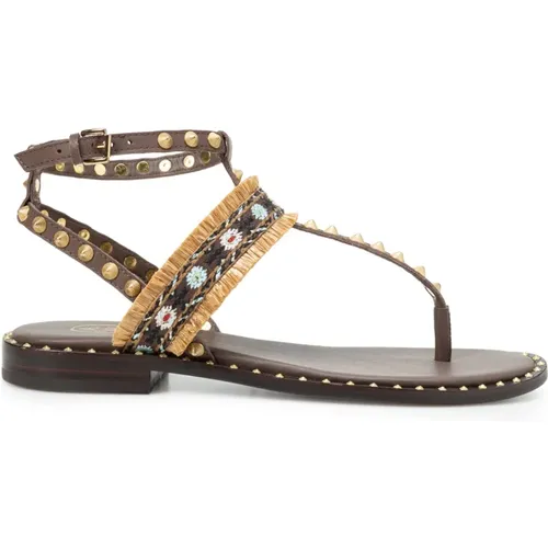 Dark Flat Sandals with Pinaforemetal Design , female, Sizes: 6 UK, 4 UK - Ash - Modalova