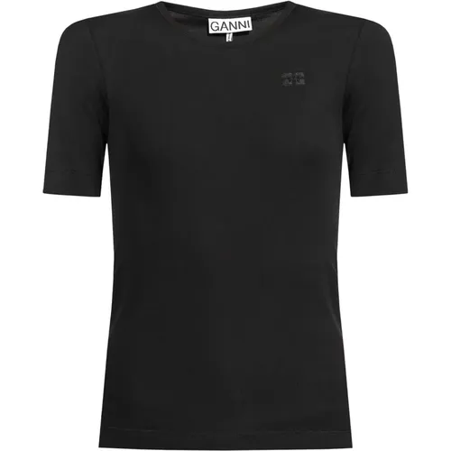 Schwarzes Baumwoll-Logo-T-Shirt , Damen, Größe: S - Ganni - Modalova