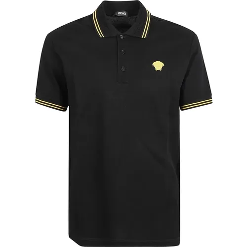 Schwarzes Polo Piquet Stoff Stickerei , Herren, Größe: L - Versace - Modalova