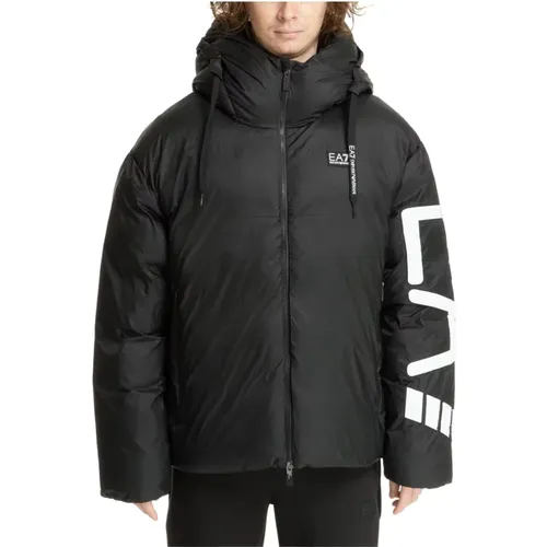 Hooded Drawstring Down Jacket Plain Style , male, Sizes: L, M, S, XL - Emporio Armani EA7 - Modalova