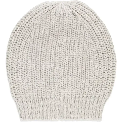 Ivory Cashmere Silk Beanie Cap Paillettes , female, Sizes: S - BRUNELLO CUCINELLI - Modalova