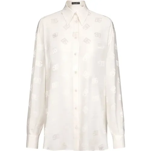 Silk Logo Shirt - Bianco Naturale , female, Sizes: M - Dolce & Gabbana - Modalova