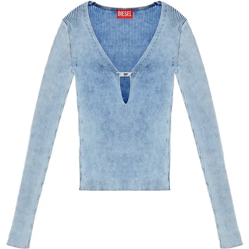 Cut-out top in indigo cotton knit , female, Sizes: S, M - Diesel - Modalova