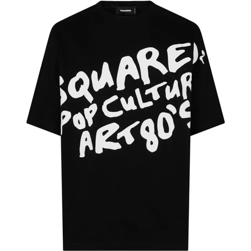 Schwarzes Baumwoll-T-Shirt mit bedruckter Schrift,Schwarzes Grafik Print T-shirt - Dsquared2 - Modalova