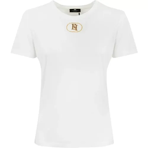 Baumwoll-T-Shirt mit metallischem Samtdetail , Damen, Größe: L - Elisabetta Franchi - Modalova