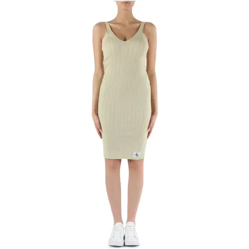 Geripptes Lyocell V-Ausschnitt Kleid , Damen, Größe: L - Calvin Klein Jeans - Modalova