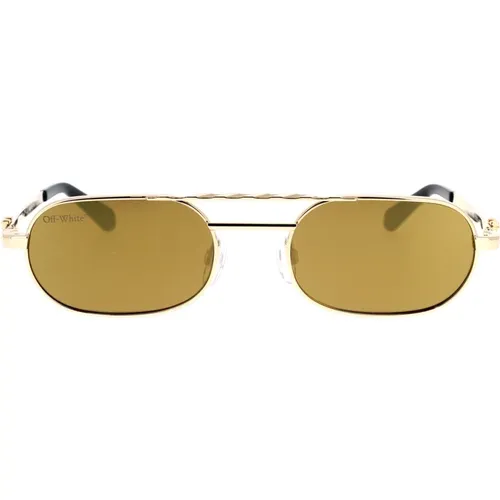 Gold Metal Oval Sunglasses with Mirrored Lenses , unisex, Sizes: 55 MM - Off White - Modalova