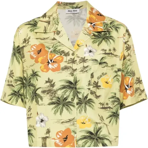 Pistachio Hawaiian Print Bowling Shirt , female, Sizes: 2XS, XS - Miu Miu - Modalova
